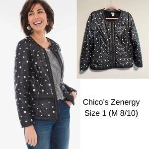 Chico's Zenergy Black White Polka Dot Quilted Puffer Jacket Size 1 (M) Full Zip